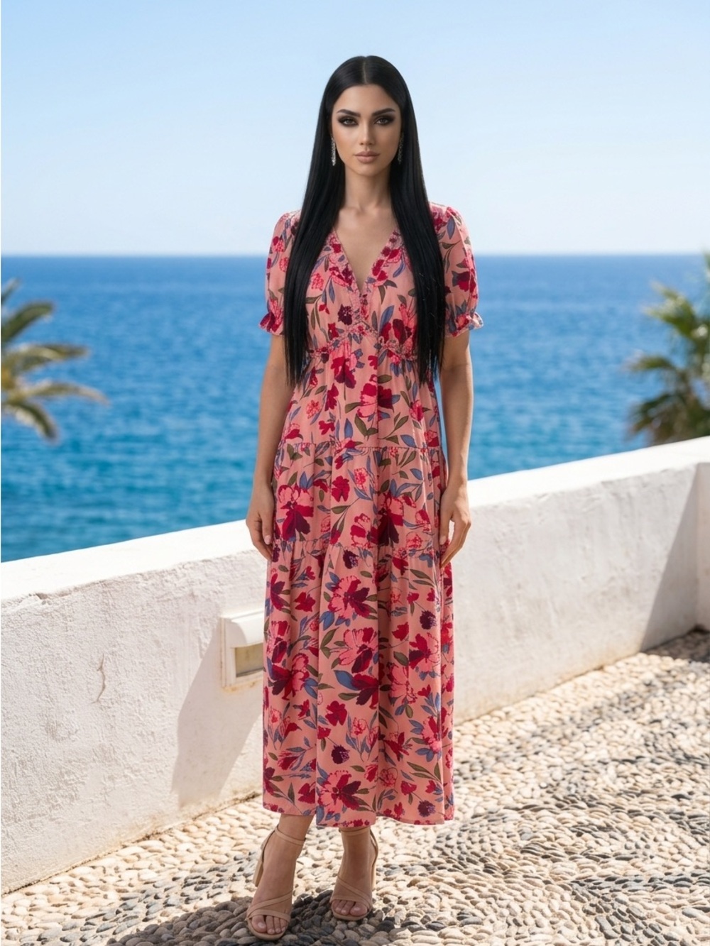 Floral Pink V-Neck Tiered Maxi Dress